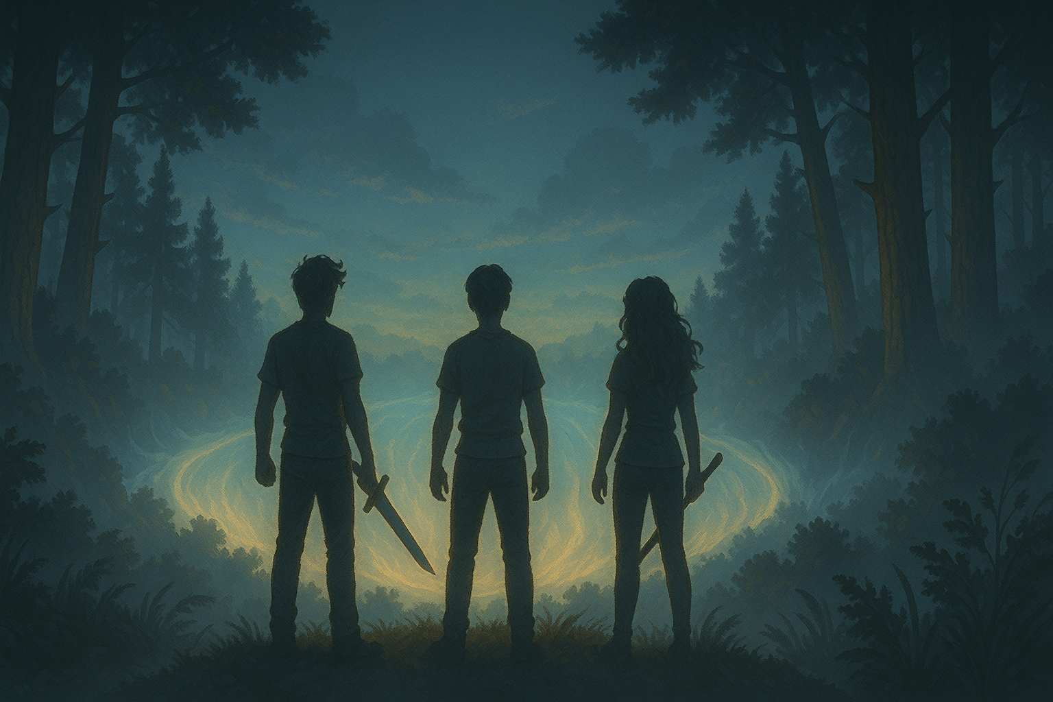 Silhouette of three young heroes standing before a glowing camp boundary